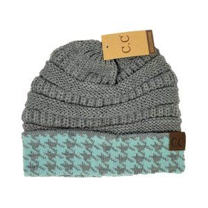 CC C.C Houndstooth Gray & Mint Green Beanie Hat